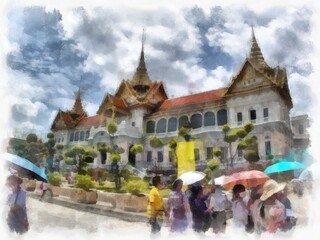 Fototapeta premium Landscape of ancient architecture and ancient art in the Grand Palace, Wat Phra Kaew Bangkok watercolor style illustration impressionist painting.