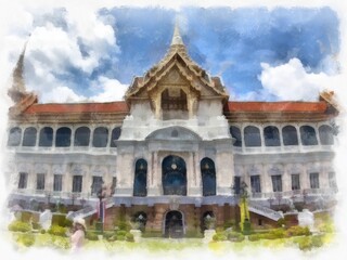 Obraz premium Landscape of ancient architecture and ancient art in the Grand Palace, Wat Phra Kaew Bangkok watercolor style illustration impressionist painting.