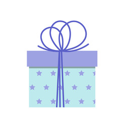 Gift box with stars. Blue present box with stars and blue bow. Flat, cartoon, vector