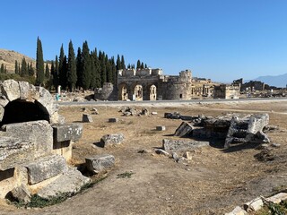 Excavations of the city of Hierapolis. Entrance to paradise. The central gate of the city.