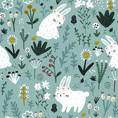 Seamless childish floral pattern with cute hand drawn rabbits. Creative kids hand drawn texture for fabric, wrapping, textile, wallpaper, apparel. Vector illustration - 502928101