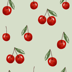 Watercolor cherry pattern. Great for fabric textile, fabric, apparel.Summer berry texture.