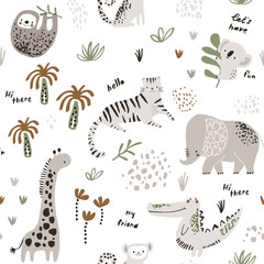 Seamless childish jungle pattern with tiger, crocodile, giraffe, sloth, monkey, monkey, elephant and jungle florals. Perfect for fabric,textile. Creative Vector background
