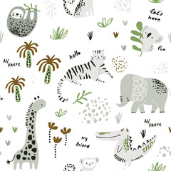 Seamless childish jungle pattern with tiger, crocodile, giraffe, sloth, monkey, monkey, elephant and jungle florals. Perfect for fabric,textile. Creative Vector background © solodkayamari