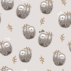 Seamless childish jungle pattern with baby sloth jungle florals. Perfect for fabric,textile. Creative Vector background © solodkayamari