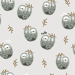 Seamless childish jungle pattern with baby sloth jungle florals. Perfect for fabric,textile. Creative Vector background © solodkayamari