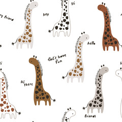 Seamless childish jungle pattern with baby giraffe. Perfect for fabric,textile. 