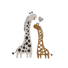 Cute couple of giraffes. Two Cartoon baby giraffes character isolated on white vector illustration .Ready design for greeting card, posters, apparel