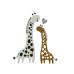 Cute couple of giraffes. Two Cartoon baby giraffes character isolated on white vector illustration .Ready design for greeting card, posters, apparel