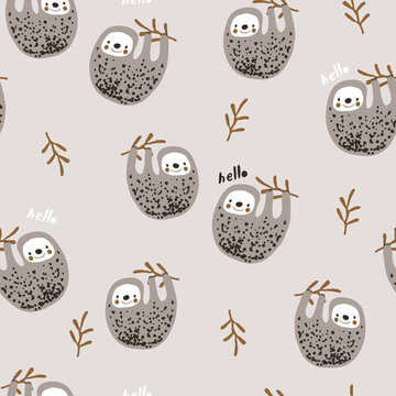 Seamless childish jungle pattern with baby sloth jungle florals. Perfect for fabric,textile. Creative Vector background