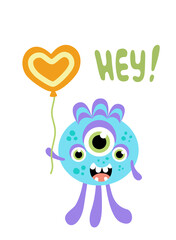Monster. Blue jolly three-eyed monster with balloon. Flat, cartoon, vector