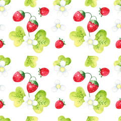 Watercolor strawberry with flowers seamless pattern, berry background.