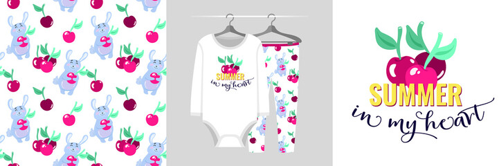 Fototapeta premium Seamless pattern and illustration set with cute little bunny and berry, Summer in my heart text. Cute design pajamas on a hanger. Baby background for apparel, room decor, tee prints, baby shower
