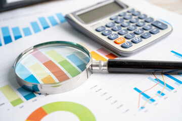 Magnifying glass and calculator on charts graphs paper. Financial development, Banking Account, Statistics, Investment Analytic research data economy, Stock exchange trading, Business office concept.