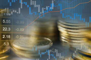 Stock market investment trading financial, coin and graph chart or Forex for analyze profit finance business trend data background.