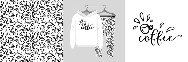 Seamless pattern and illustration set with morning cup of coffee. Baby design pajamas, background for apparel, room decor, tee prints, baby shower, fabric design, wrapping