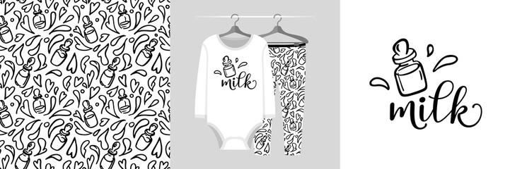 Seamless pattern and illustration set with baby food bottle. Baby design pajamas, background for apparel, room decor, tee prints, baby shower, fabric design, wrapping