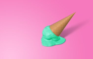 Green lemon sorbet ice cream cone melting and dropped onto the pink floor. 3D rendering Image.