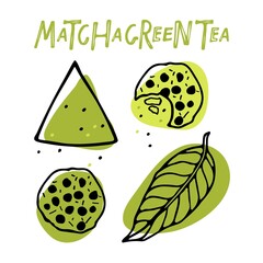 Matcha set sketch. Matcha cookies with chocolate drops. Homemade vegan japanese green tea cookies, baked pastries,Powder hill, leaves. Vector flat illustration for cookie recipe. Healthy snack