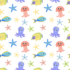 Sea seamless pattern with cartoon fish, finger fish, octopus, jellyfish. Flat, vector © Aleksandra