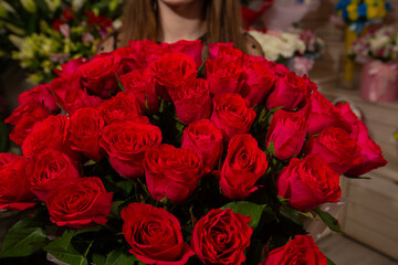 Bouquet Of Beautiful red Roses. Trend color classic red. . Valentine's Day. Selective Focus. Roses wallpaper. Background.