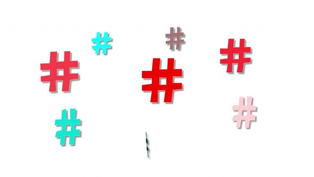 Hashtags moving. Internet and social media concept. Colourful hashtag signs seamless looped animation. Luma matte, isolated.