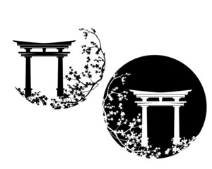 japanese shinto temple torii gate entrance among sakura blossom branches - elegant asian black and white vector circle design
