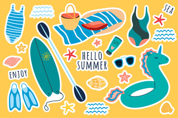 Summer beach holidays set. Swimwear, surf or sup board , diving flippers and picnic set in flat style isolated on white background. Vector illustration, clipart, cartoon. - obrazy, fototapety, plakaty