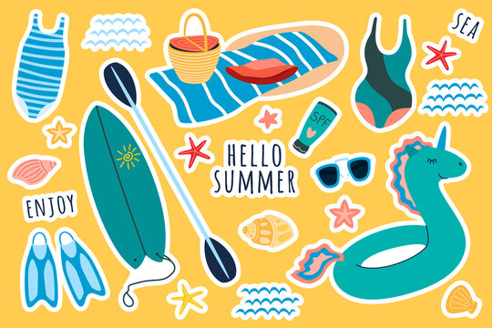 Summer beach holidays set. Swimwear, surf or sup board , diving flippers and picnic set in flat style isolated on white background. Vector illustration, clipart, cartoon.