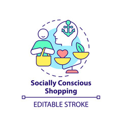 Socially conscious shopping concept icon. Customer behavior trend abstract idea thin line illustration. Isolated outline drawing. Editable stroke. Arial, Myriad Pro-Bold fonts used - obrazy, fototapety, plakaty