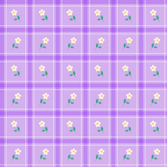 Cute Frangipani Plumeria Element Lilac Violet Purple Stripe Striped Line Tilt Checkered Plaid Tartan Buffalo Scott Gingham Pattern Illustration Wrapping Paper, Picnic Mat, Tablecloth Fabric Background