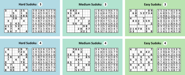 Collection Sudoku game with answers. Different complexity. - obrazy, fototapety, plakaty