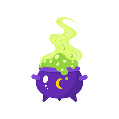 Magic cauldron icon. Cartoon illustration of a cauldron with boiling green magic potion isolated on a white background. Vector 10 EPS.