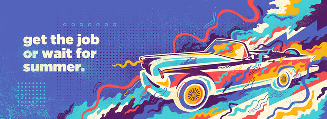 Summer background design in abstract style with retro convertible and colorful splashing shapes. Vector illustration. - obrazy, fototapety, plakaty