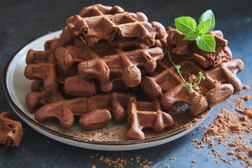 Delicious Belgian chocolate waffles on a ceramic plate on a dark stone countertop.
