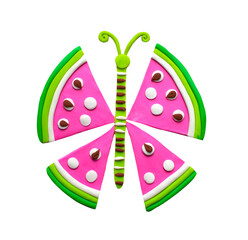 Handmade cute colorful butterfly moon insect with beautiful decorated clay wings. Ornamental childish clipart decoration illustration.