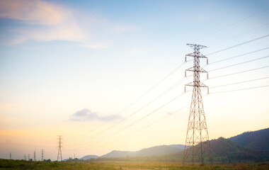 high voltage post, high voltage tower background, sunset sky
