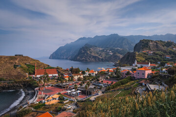 PORTO DA CRUZ, PORTUGAL - October 2021: Madeira island coast at PORTO DA CRUZ, PORTUGAL. View from Miradouro do Porto da Cruz.