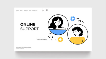 Naklejka premium Online support landing page. Character talking about problem. Outline style concept. Online chat man and woman. Vector illustration