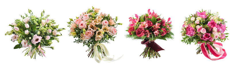 Wedding bouquet set on isolated white background. Flower bouquets with roses, tulips, peonies, leaves. Bridal bunch of flowers