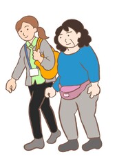 精神科入院中の統合失調症の女性と外出する精神保健福祉士のイラスト