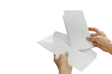Woman hand putting letter on an envelope isolated in white background.