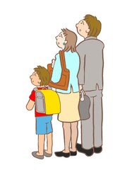 不安そうな親子　小学1年生の男の子と共働きの両親のイラスト