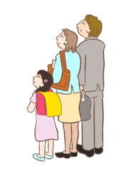 不安そうな親子　小学1年生の女の子と共働きの両親のイラスト