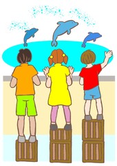 合理的配慮・公正　個に合わせた支援により全員がイルカのショーを見ることができたイラスト