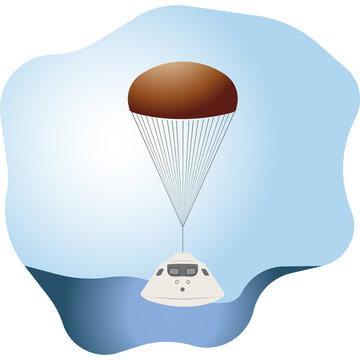 A Space Capsule On A Parachute. Vector Illustration.