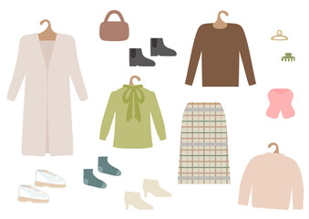 女性洋服セット1　秋物　洋服・チェックのスカート・ロングカーディガン・ブーツ・鞄・小物