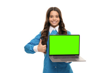 back to school. modern communication. copy space. happy child presenting product. thumb up.