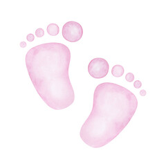Newborn baby girl pink footprint watercolor illustration. Cute hand drawn baby shower design element. Isolated clipart element on white background.