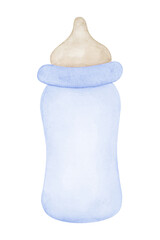 Baby boy newborn blue baby bottle watercolor illustration. Cute hand drawn baby shower design element. Isolated clipart element on white background. Baby accessories.